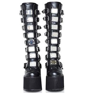 Burning Man Black Platform Combat Boots With Metal Buckle Detail